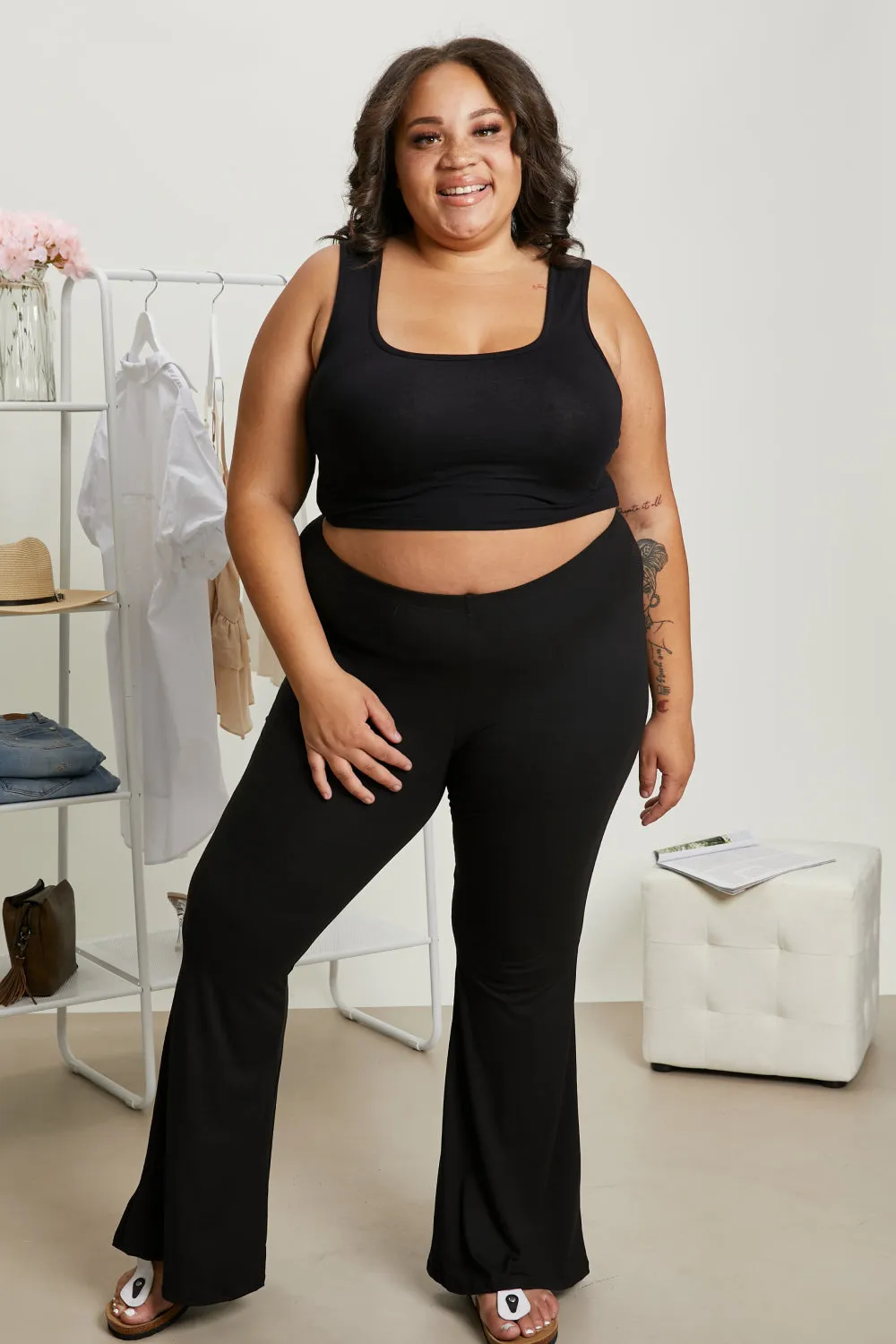*App Exclusive* Cotton Bleu Try Me Full Size Elastic Waist Flare Pants