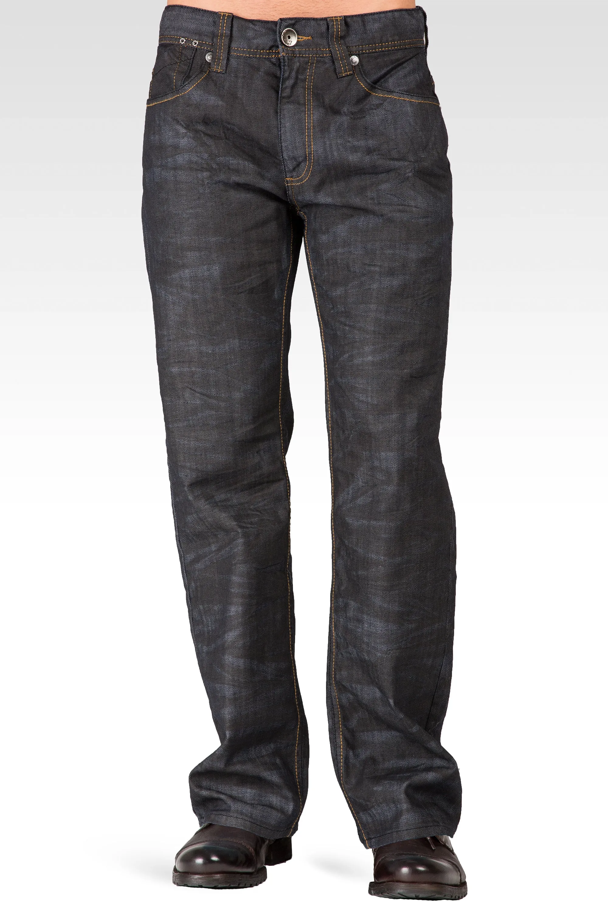 Black Coated Midrise Relaxed Bootcut Premium Denim 5 Pocket Jeans Overspray Wash
