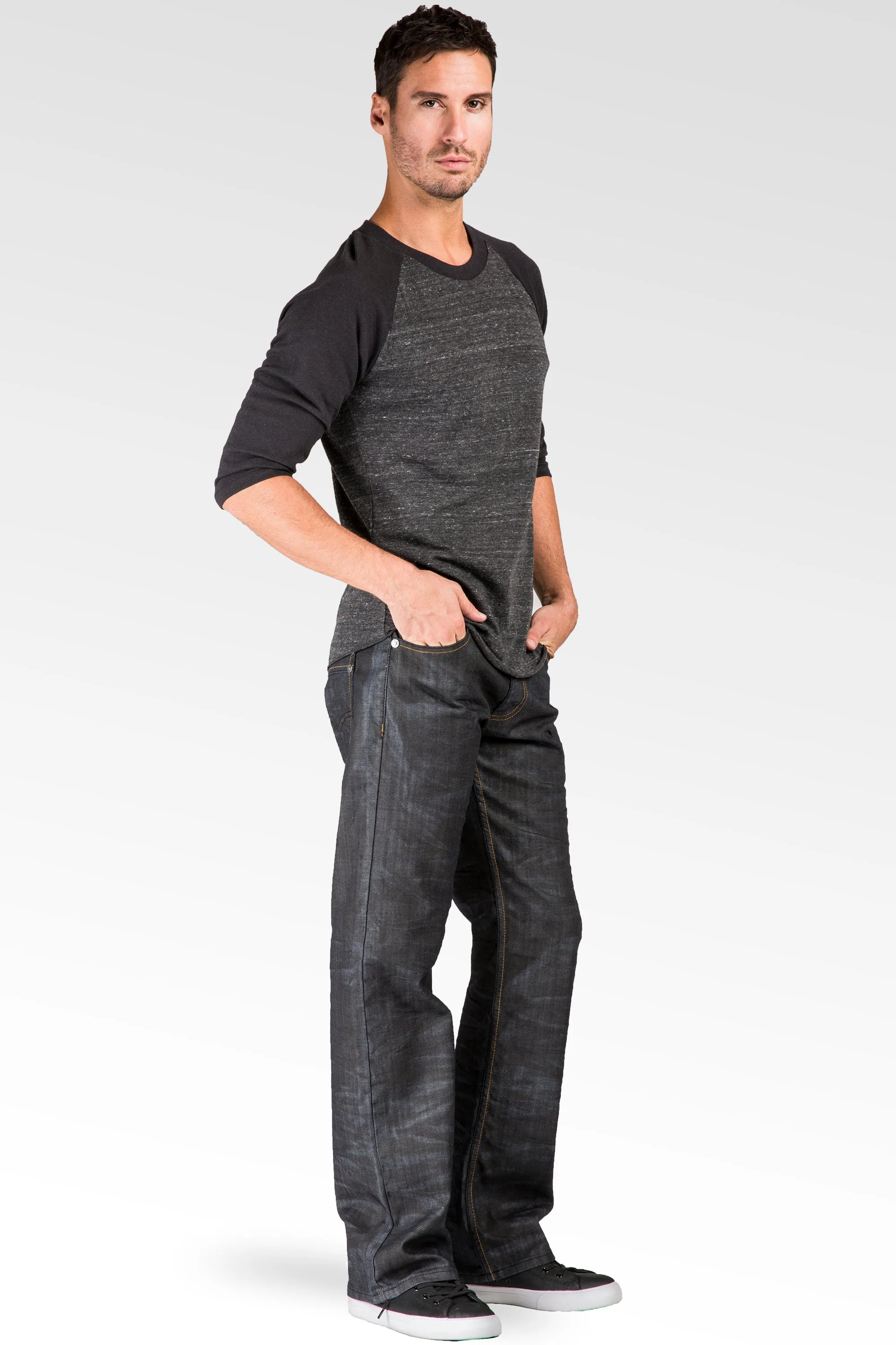 Black Coated Midrise Relaxed Bootcut Premium Denim 5 Pocket Jeans Overspray Wash