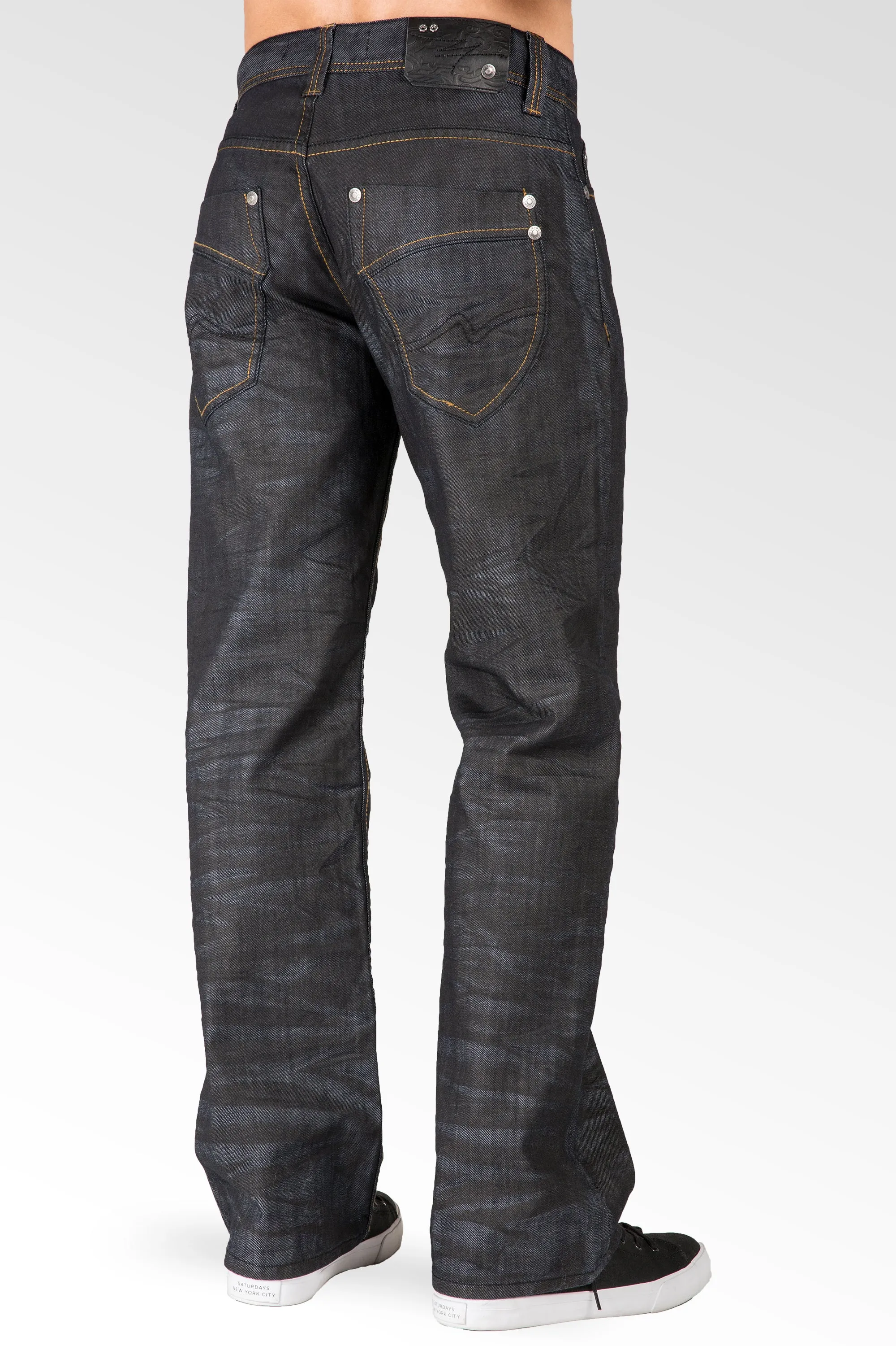 Black Coated Midrise Relaxed Bootcut Premium Denim 5 Pocket Jeans Overspray Wash