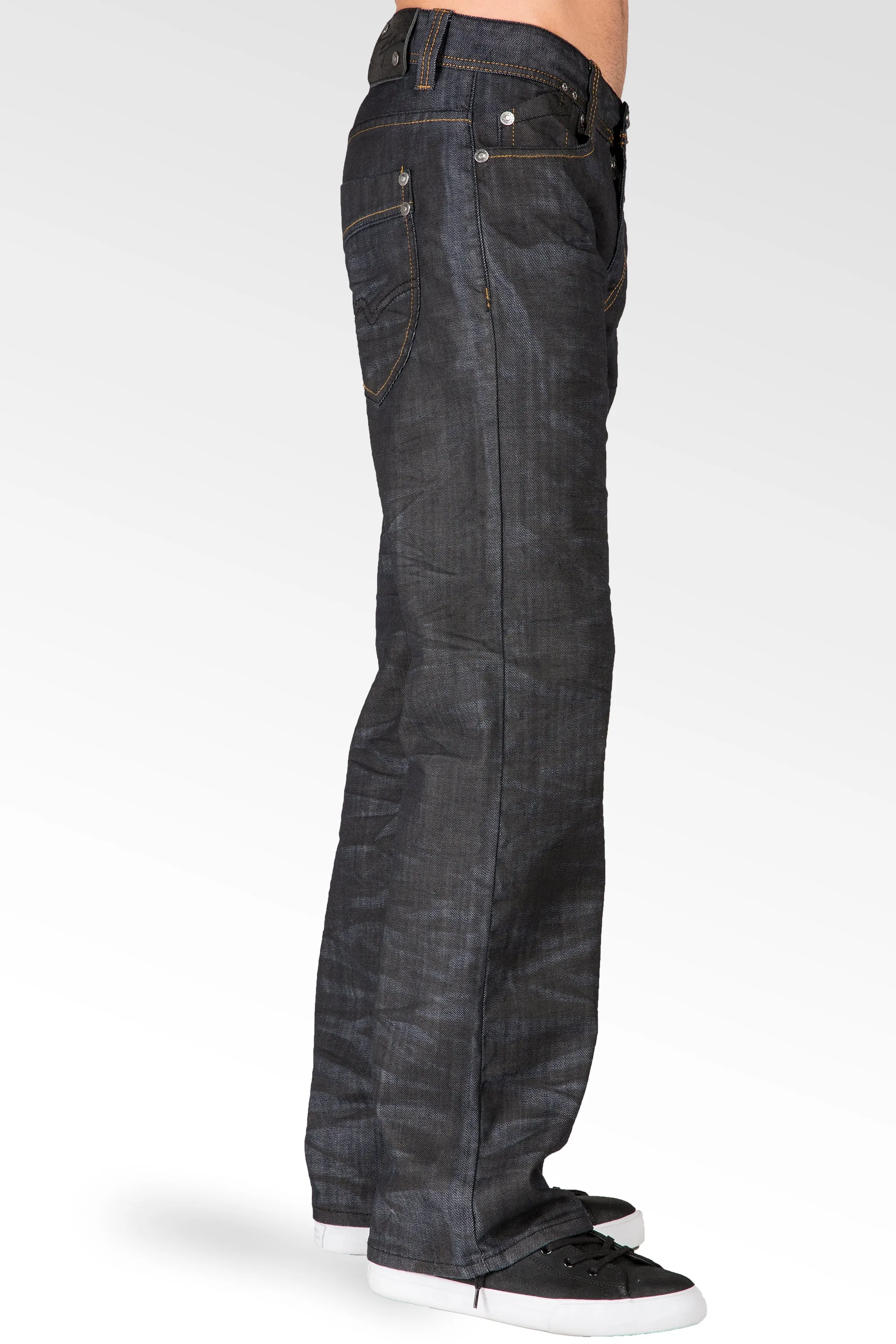 Black Coated Midrise Relaxed Bootcut Premium Denim 5 Pocket Jeans Overspray Wash