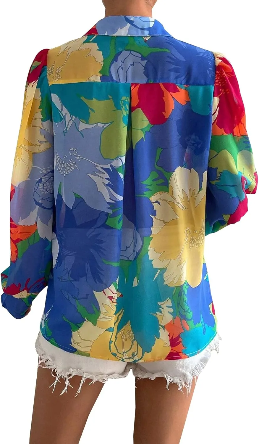 Button Down Shirts for Women Dressy Lantern Long Sleeve Blouses Printed Casual Loose Colorful Blouse Work Tops