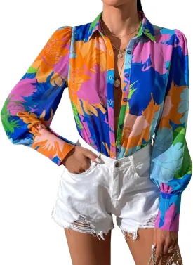 Button Down Shirts for Women Dressy Lantern Long Sleeve Blouses Printed Casual Loose Colorful Blouse Work Tops
