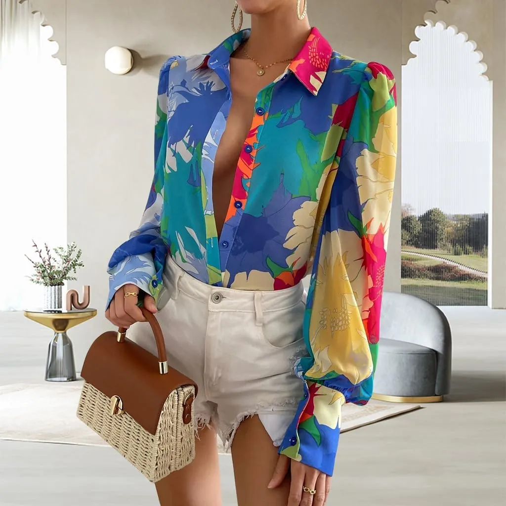 Button Down Shirts for Women Dressy Lantern Long Sleeve Blouses Printed Casual Loose Colorful Blouse Work Tops