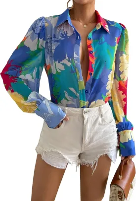 Button Down Shirts for Women Dressy Lantern Long Sleeve Blouses Printed Casual Loose Colorful Blouse Work Tops