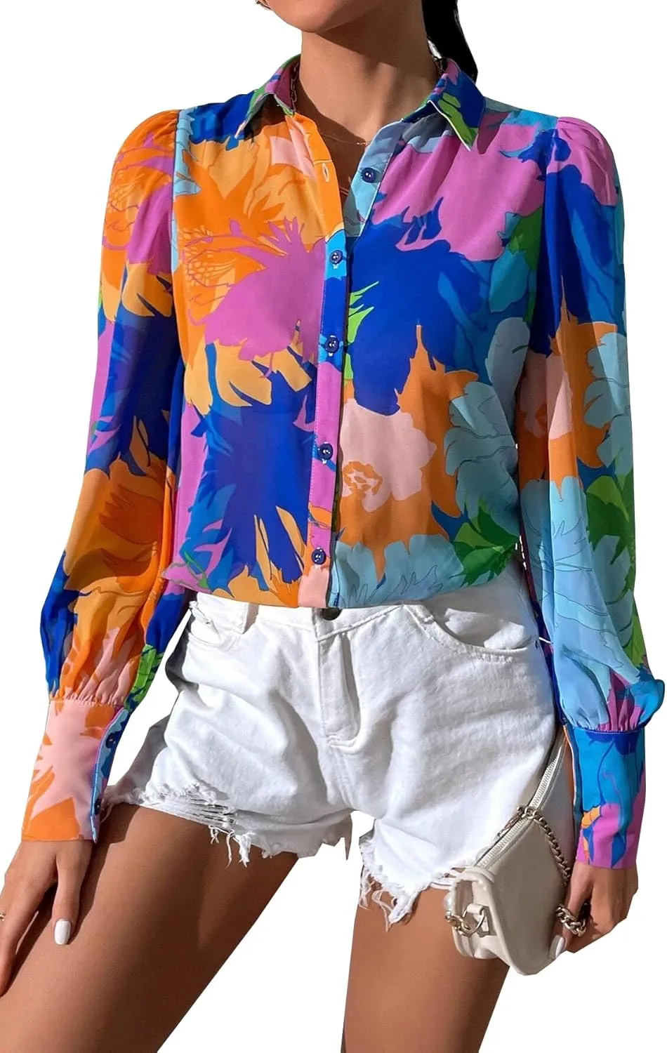 Button Down Shirts for Women Dressy Lantern Long Sleeve Blouses Printed Casual Loose Colorful Blouse Work Tops