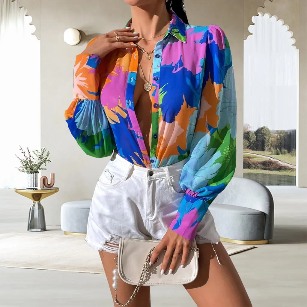 Button Down Shirts for Women Dressy Lantern Long Sleeve Blouses Printed Casual Loose Colorful Blouse Work Tops