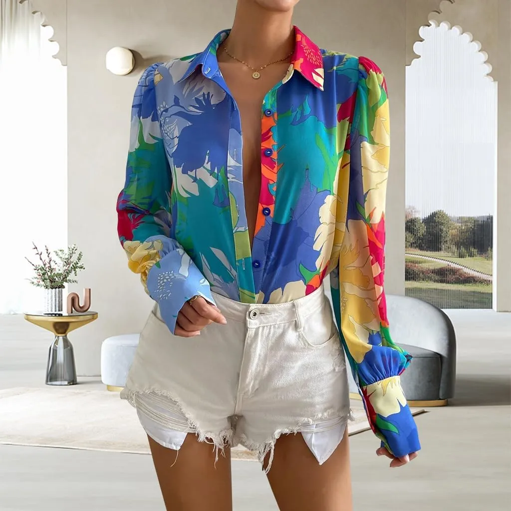 Button Down Shirts for Women Dressy Lantern Long Sleeve Blouses Printed Casual Loose Colorful Blouse Work Tops