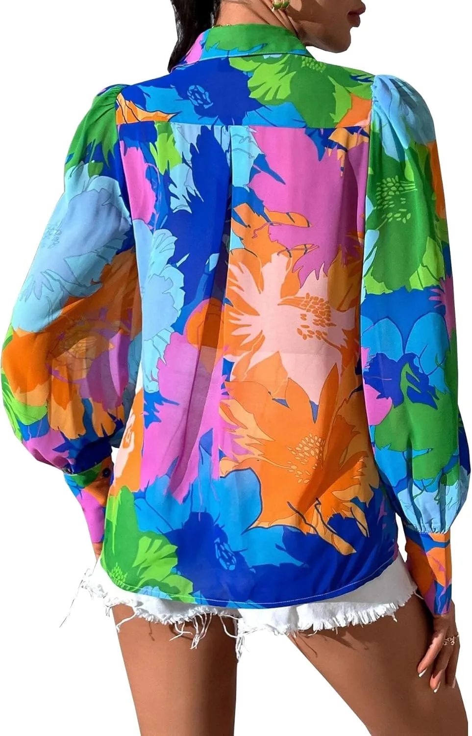 Button Down Shirts for Women Dressy Lantern Long Sleeve Blouses Printed Casual Loose Colorful Blouse Work Tops