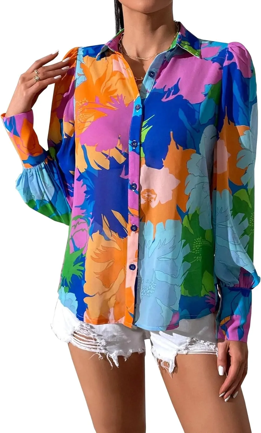 Button Down Shirts for Women Dressy Lantern Long Sleeve Blouses Printed Casual Loose Colorful Blouse Work Tops