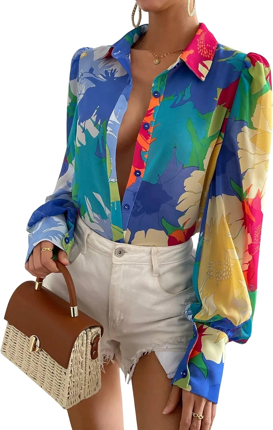 Button Down Shirts for Women Dressy Lantern Long Sleeve Blouses Printed Casual Loose Colorful Blouse Work Tops
