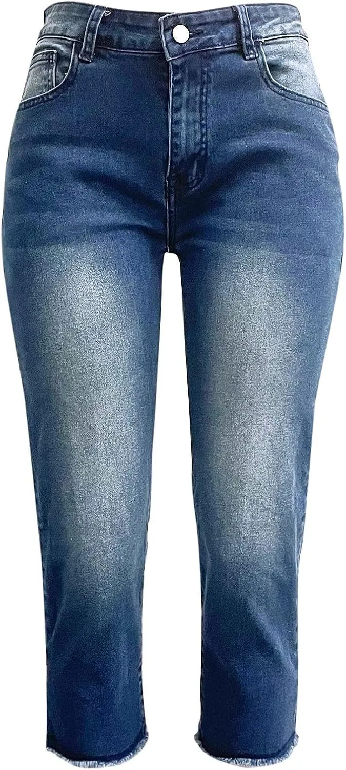 Capri Jeans for Women Stretch High Waisted Straight Leg Cropped Jeans Slim Fit Distressed Raw Hem Denim Capri Pants