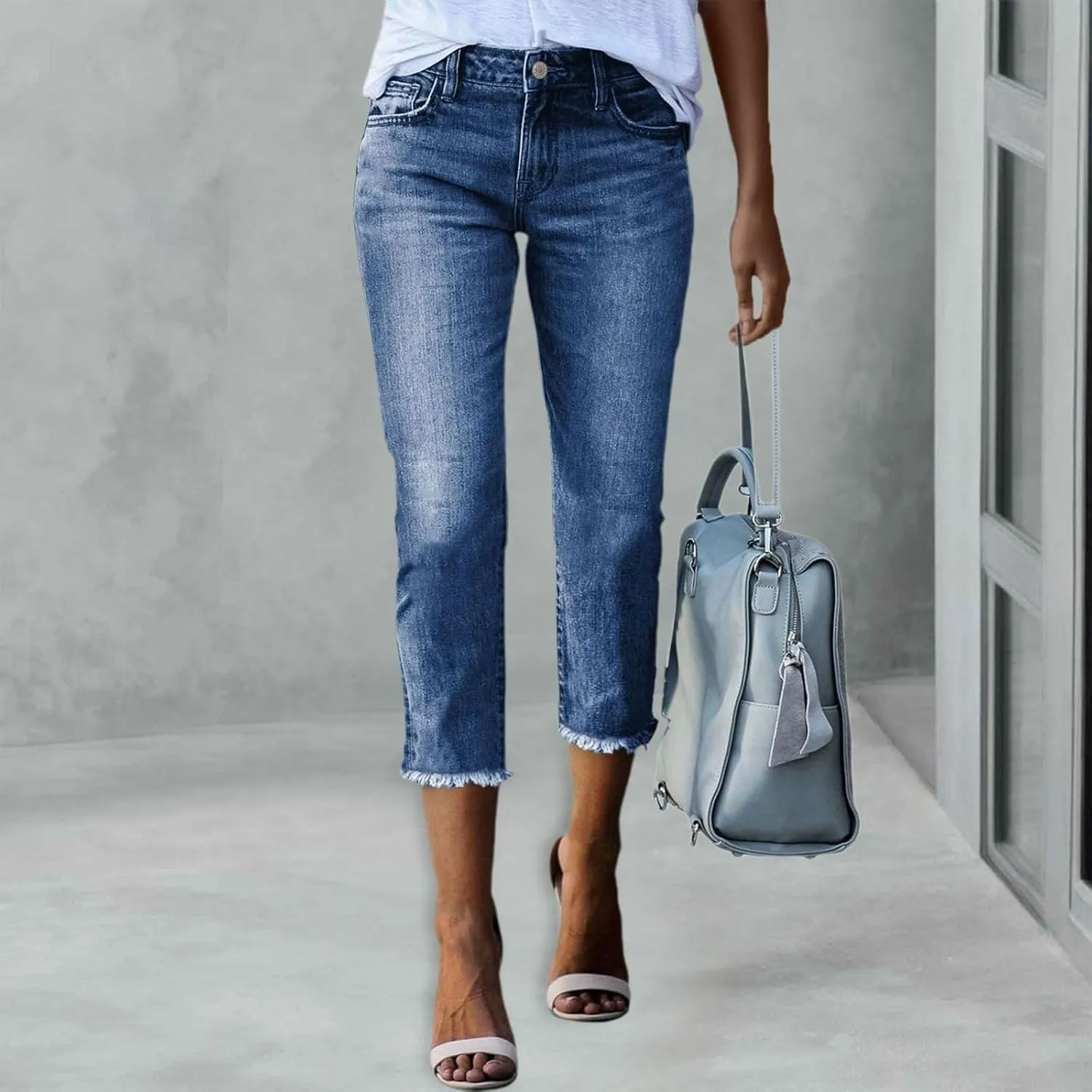 Capri Jeans for Women Stretch High Waisted Straight Leg Cropped Jeans Slim Fit Distressed Raw Hem Denim Capri Pants