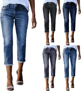 Capri Jeans for Women Stretch High Waisted Straight Leg Cropped Jeans Slim Fit Distressed Raw Hem Denim Capri Pants