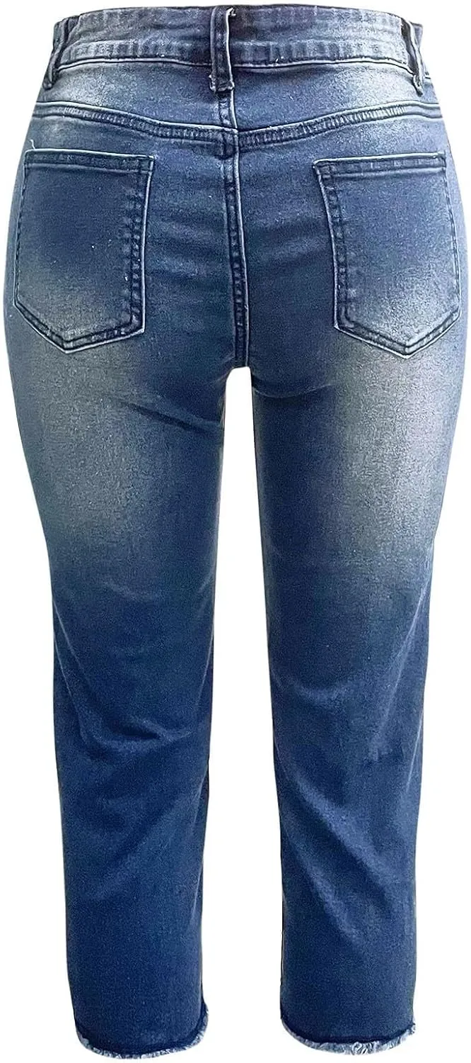 Capri Jeans for Women Stretch High Waisted Straight Leg Cropped Jeans Slim Fit Distressed Raw Hem Denim Capri Pants