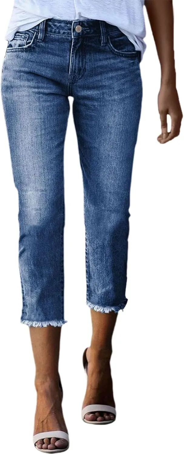 Capri Jeans for Women Stretch High Waisted Straight Leg Cropped Jeans Slim Fit Distressed Raw Hem Denim Capri Pants
