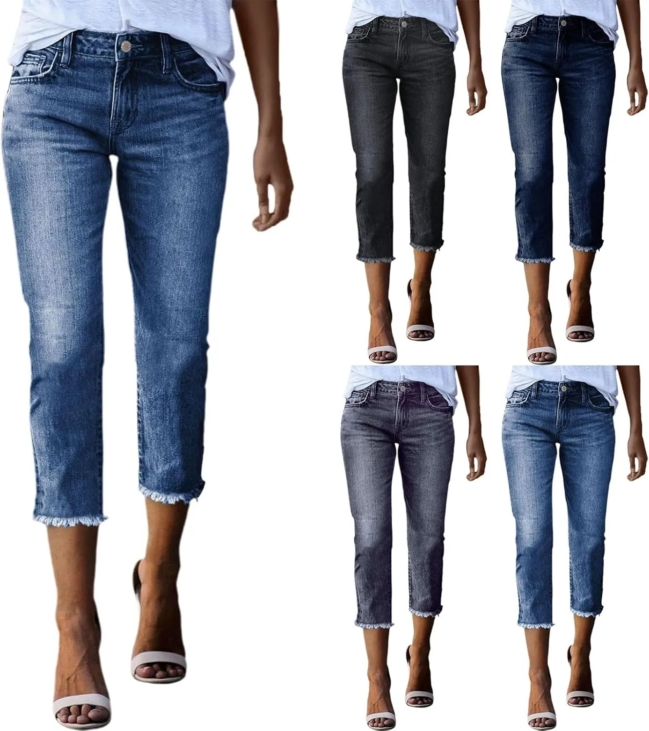 Capri Jeans for Women Stretch High Waisted Straight Leg Cropped Jeans Slim Fit Distressed Raw Hem Denim Capri Pants