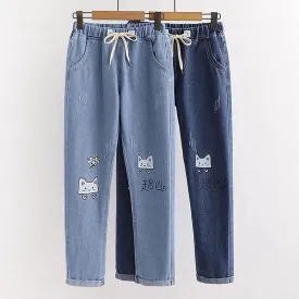 Cat Embroidery Elastic Waist Denim Jeans