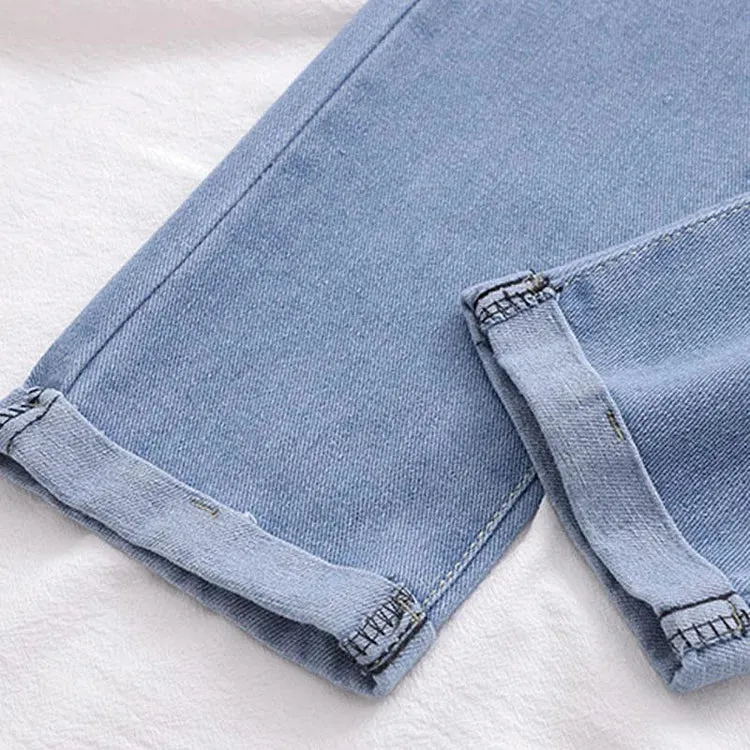 Cat Embroidery Elastic Waist Denim Jeans