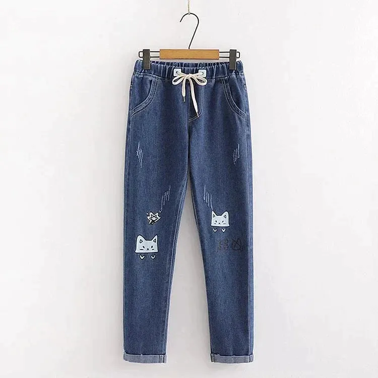 Cat Embroidery Elastic Waist Denim Jeans