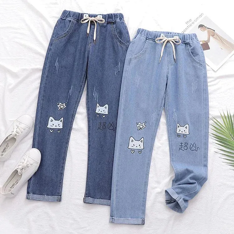 Cat Embroidery Elastic Waist Denim Jeans