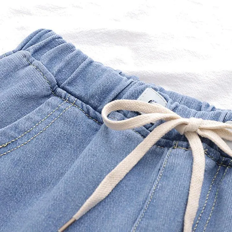Cat Embroidery Elastic Waist Denim Jeans