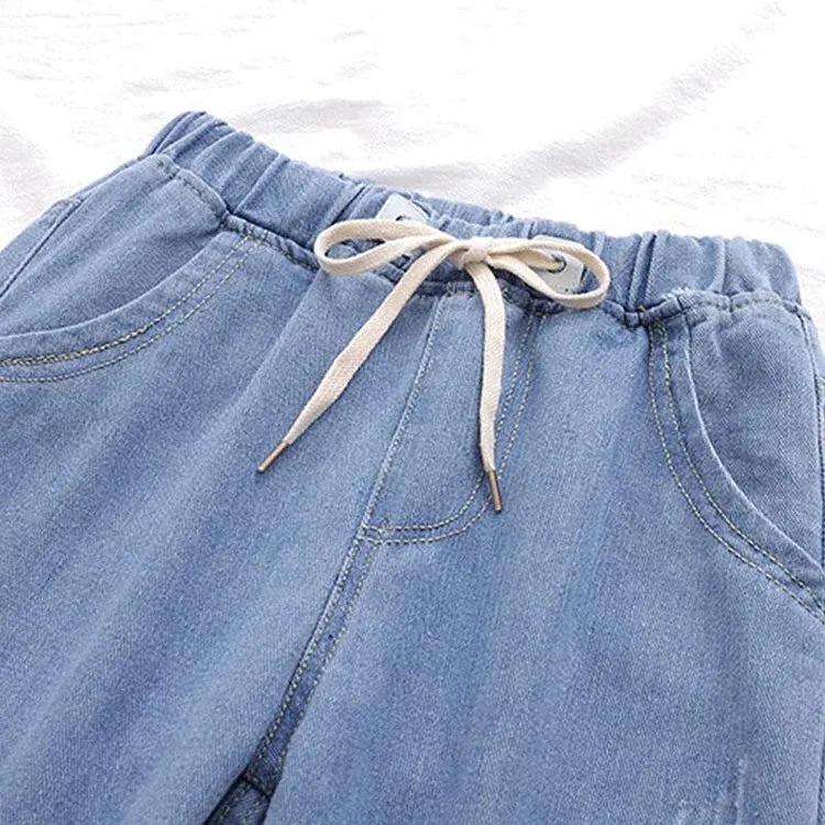 Cat Embroidery Elastic Waist Denim Jeans