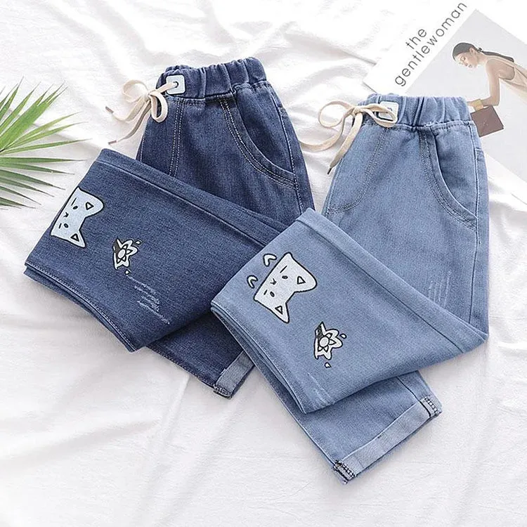 Cat Embroidery Elastic Waist Denim Jeans