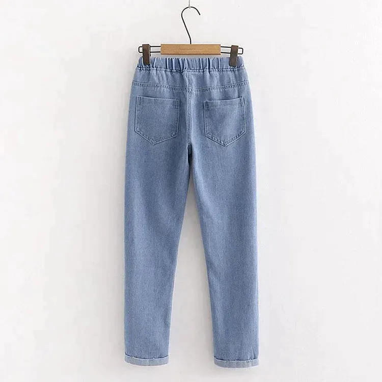 Cat Embroidery Elastic Waist Denim Jeans