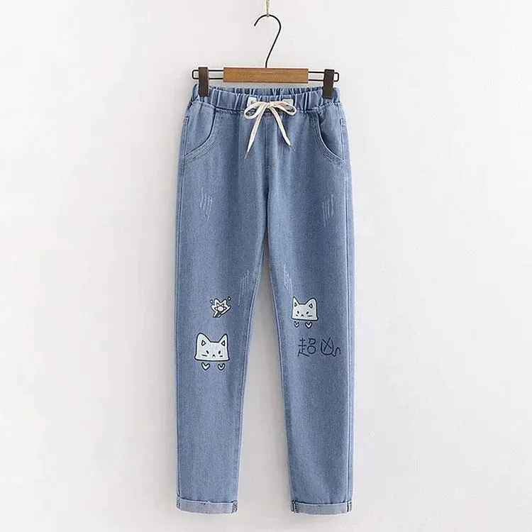 Cat Embroidery Elastic Waist Denim Jeans