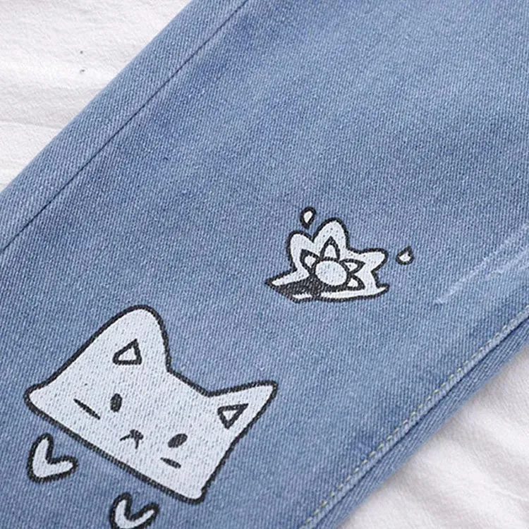 Cat Embroidery Elastic Waist Denim Jeans