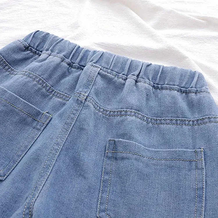 Cat Embroidery Elastic Waist Denim Jeans