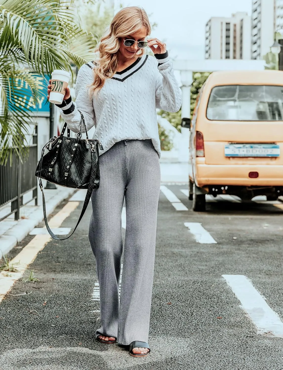 Cowasto Women's Casual Ribbed Knit Pants Elastic Waist Tie Front Wide Leg Sweater Pants