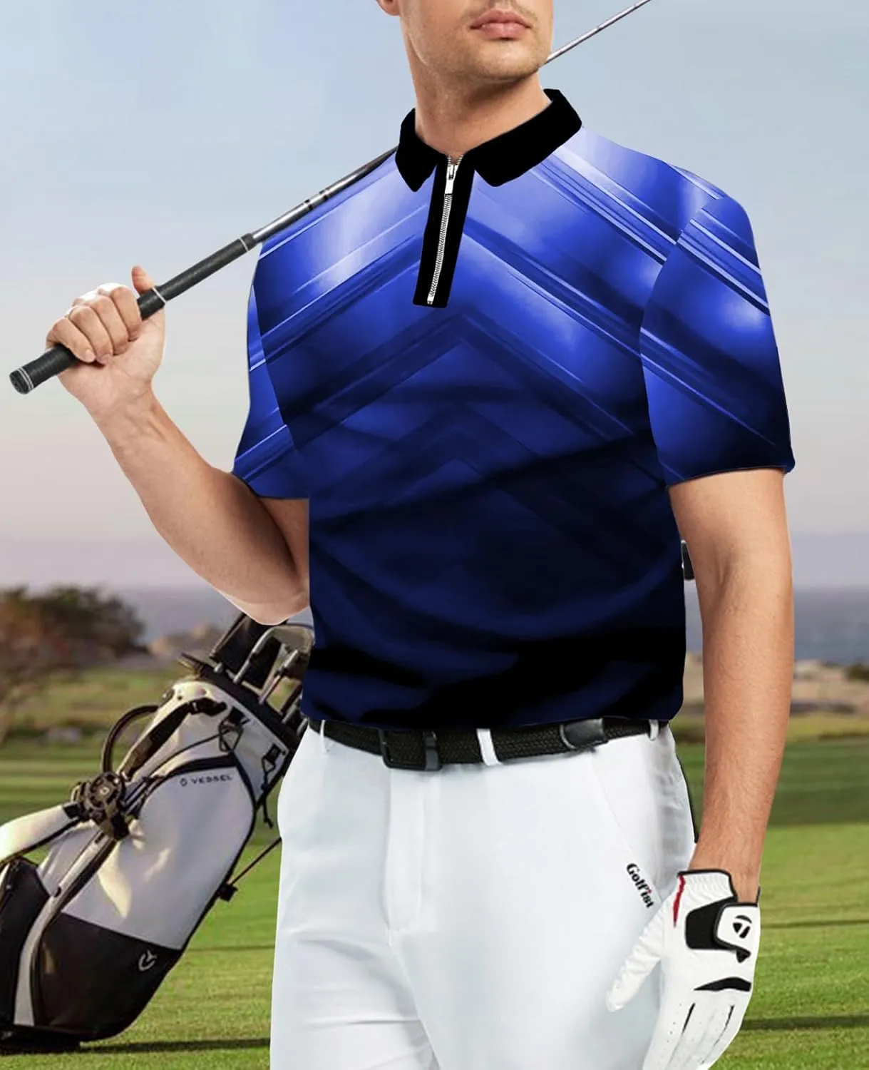 Ecosunny Men's Short Sleeve Polo Shirt 3D Printed Zipper Casual Slim Fit Golf Shirts