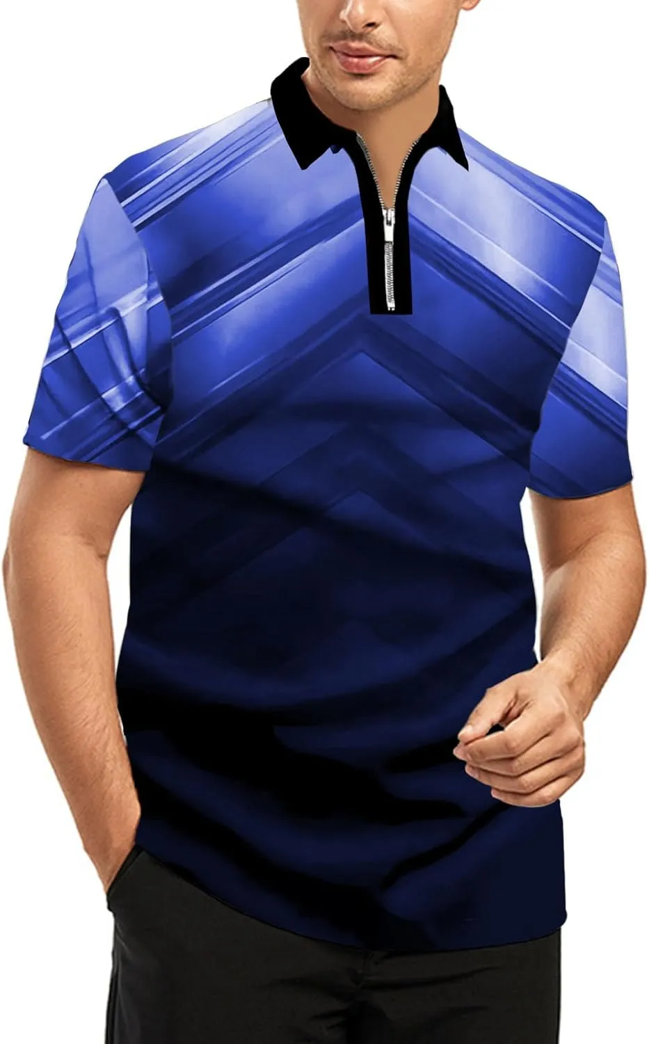 Ecosunny Men's Short Sleeve Polo Shirt 3D Printed Zipper Casual Slim Fit Golf Shirts
