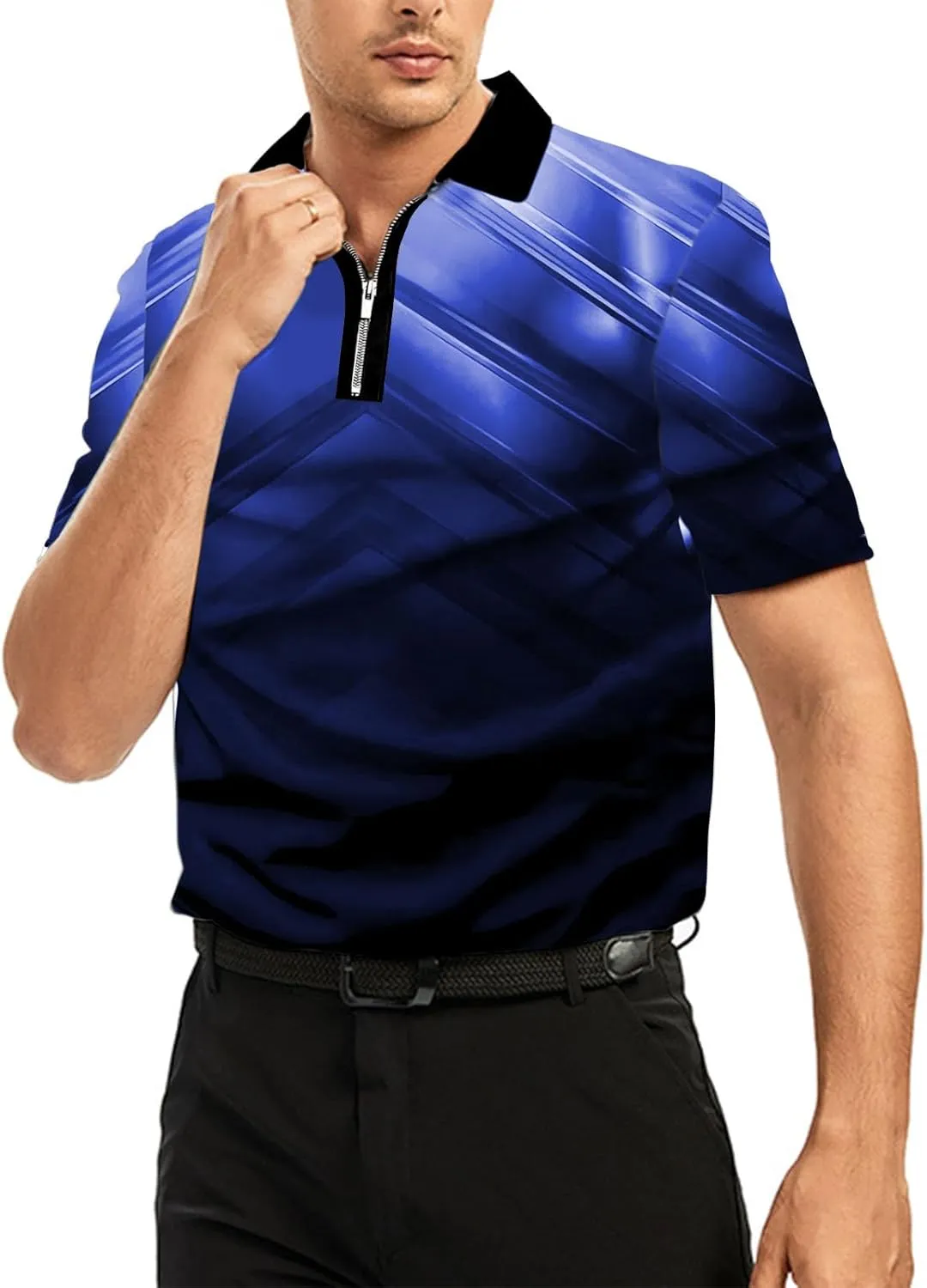 Ecosunny Men's Short Sleeve Polo Shirt 3D Printed Zipper Casual Slim Fit Golf Shirts