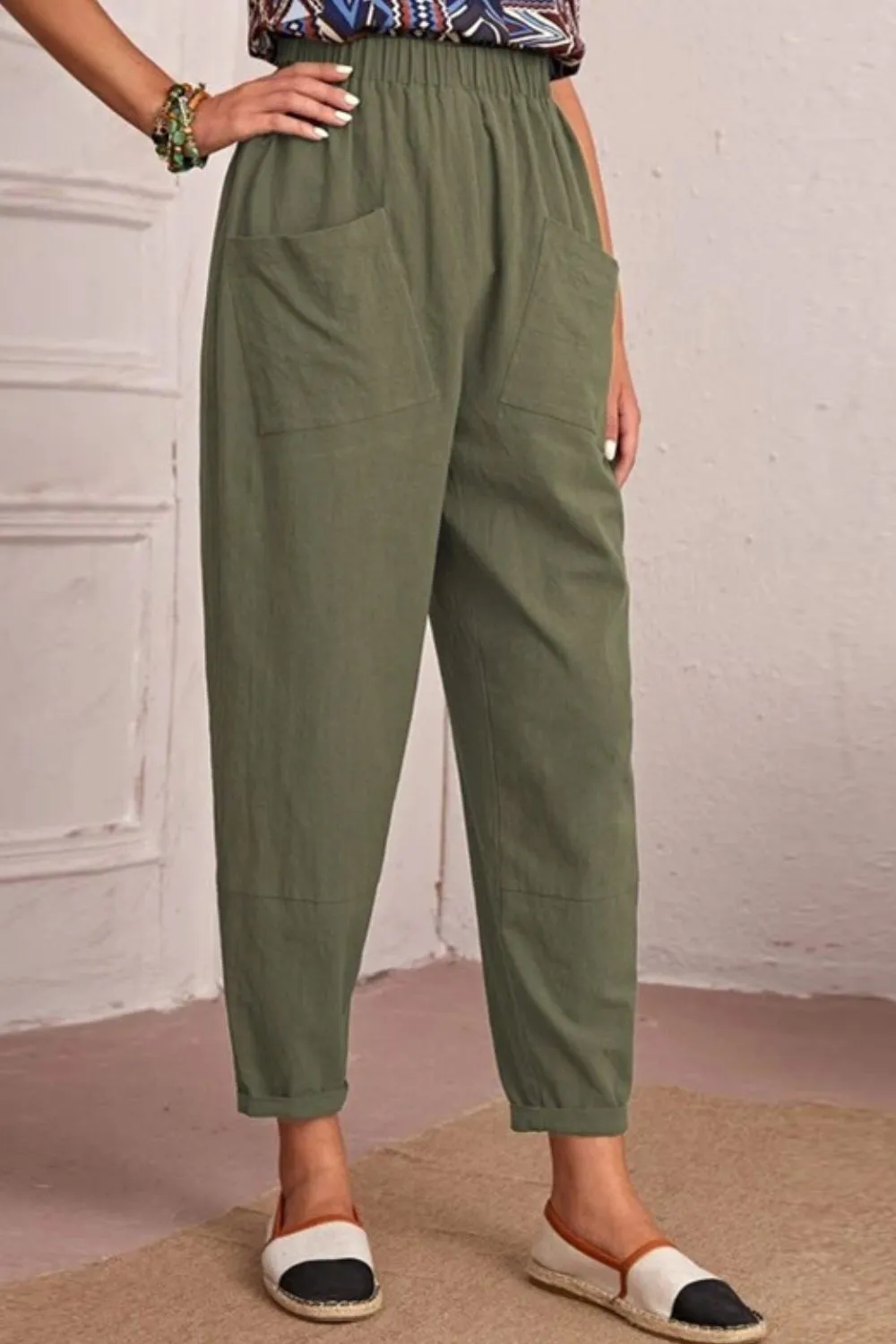 Elastic Waist Pocket Tapered Pants - 2 colors