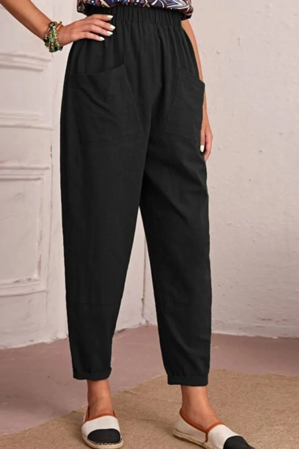 Elastic Waist Pocket Tapered Pants - 2 colors