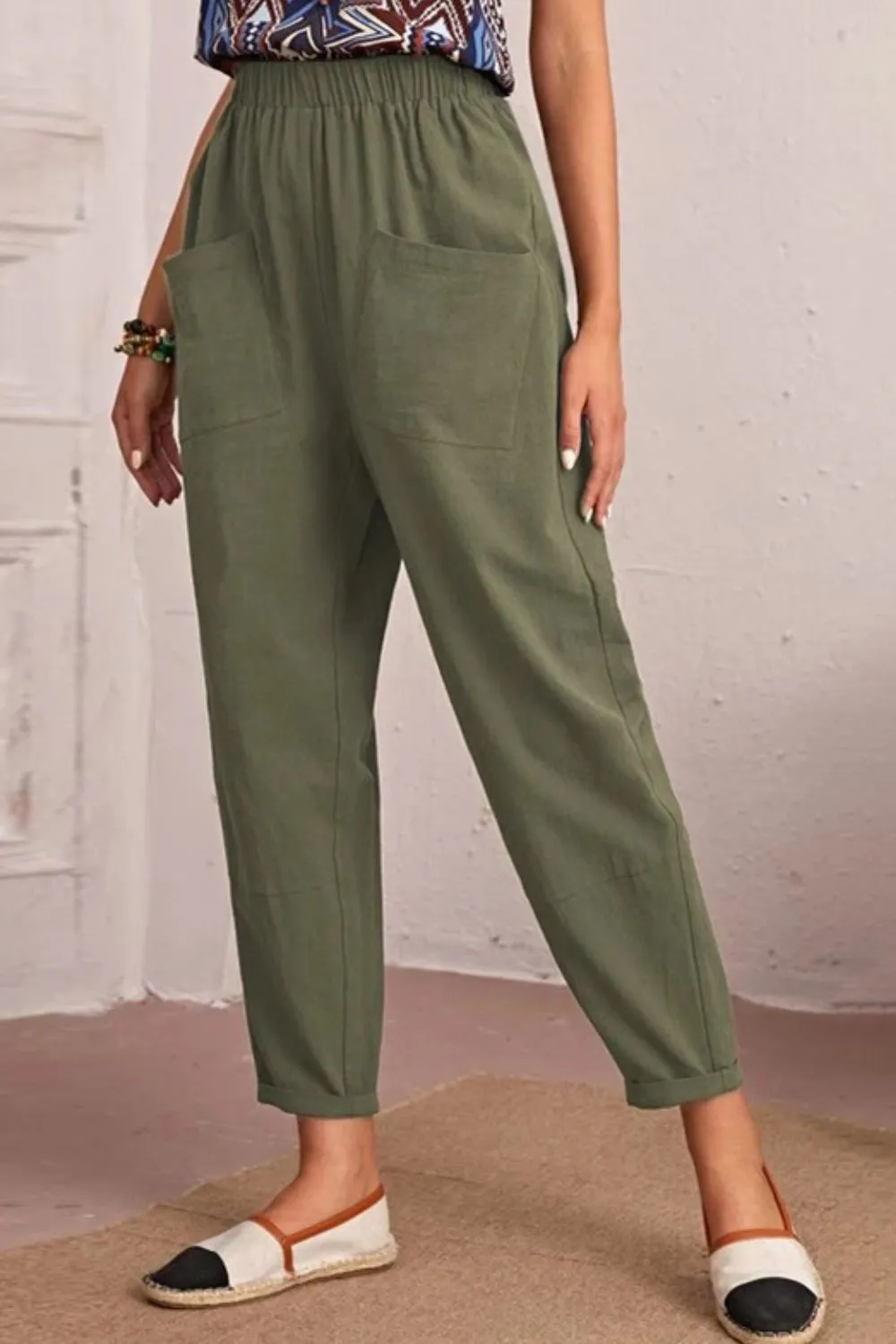 Elastic Waist Pocket Tapered Pants - 2 colors