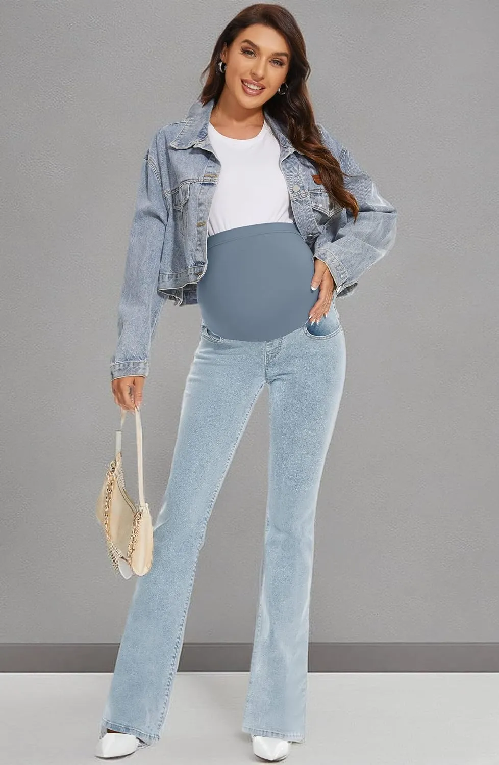 GLAMIX Women's Stretch Maternity Bootcut Jeans with Pockets Over The Belly Bell Bottoms Flare Denim Pants Pregnancy Clothes