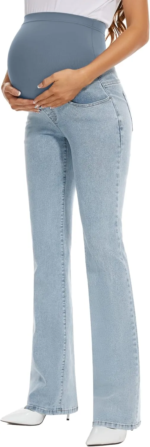 GLAMIX Women's Stretch Maternity Bootcut Jeans with Pockets Over The Belly Bell Bottoms Flare Denim Pants Pregnancy Clothes