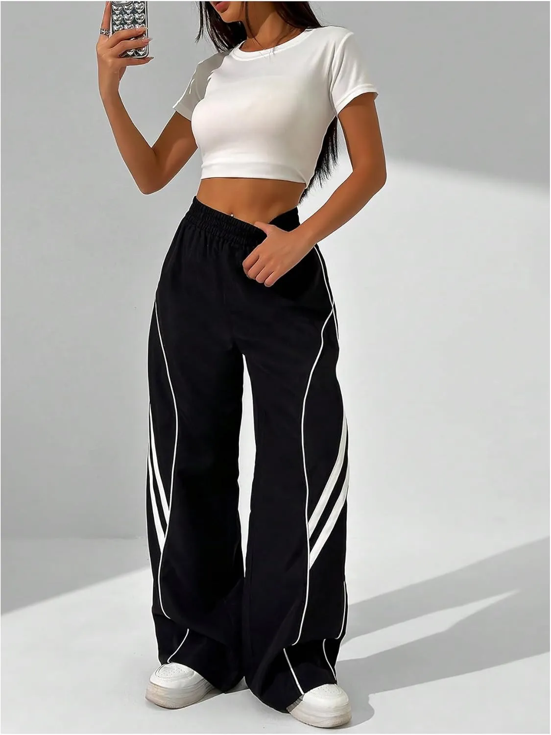 GORGLITTER Women's Wide Leg Track Pants Baggy Y2k High Waisted Dance Parachute Trousers Steertwear