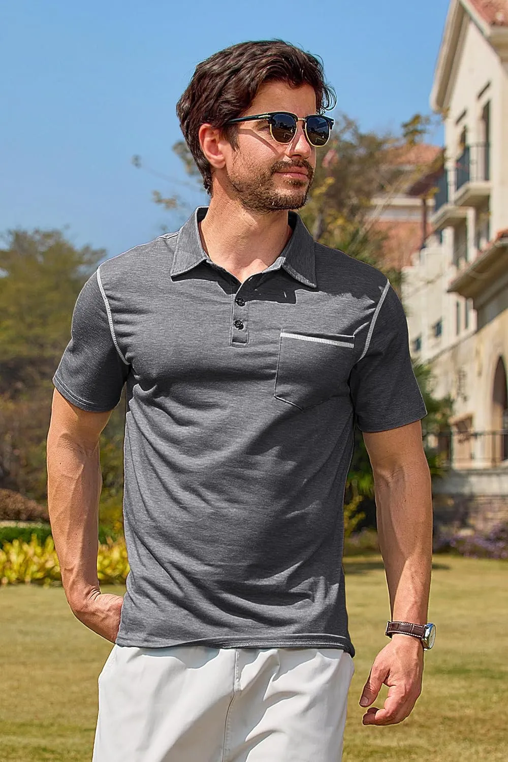 Mens Casual Polo Shirts Classic Short Sleeve Basic Golf Button Shirt with Pocket
