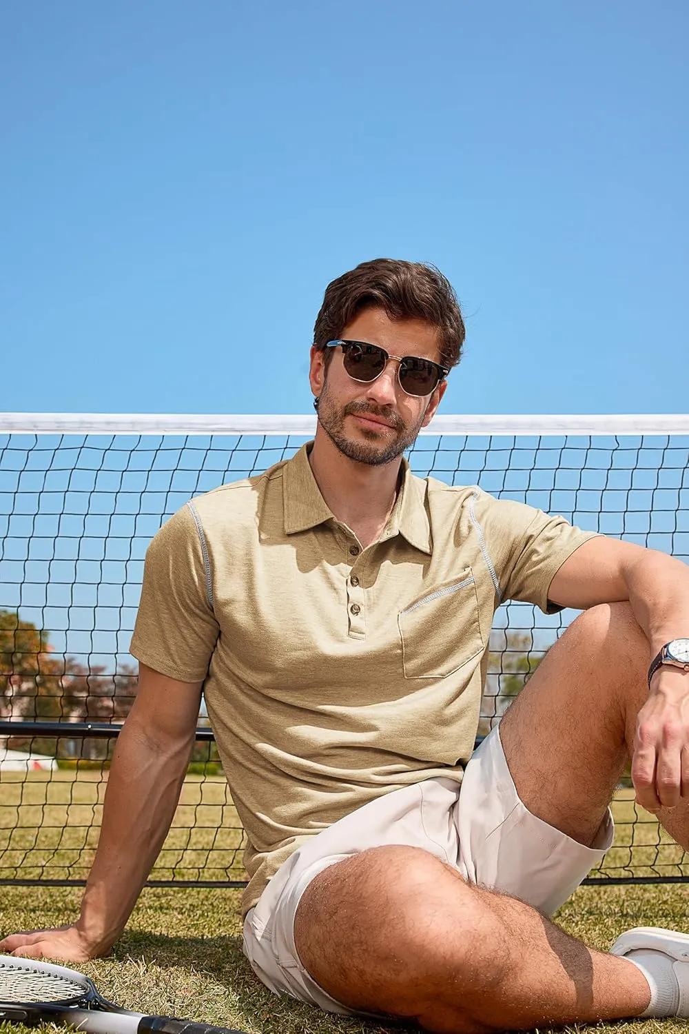Mens Casual Polo Shirts Classic Short Sleeve Basic Golf Button Shirt with Pocket