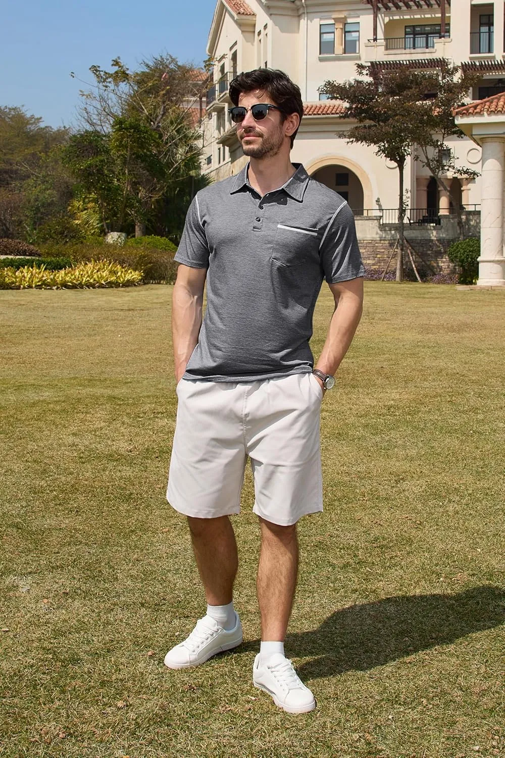 Mens Casual Polo Shirts Classic Short Sleeve Basic Golf Button Shirt with Pocket