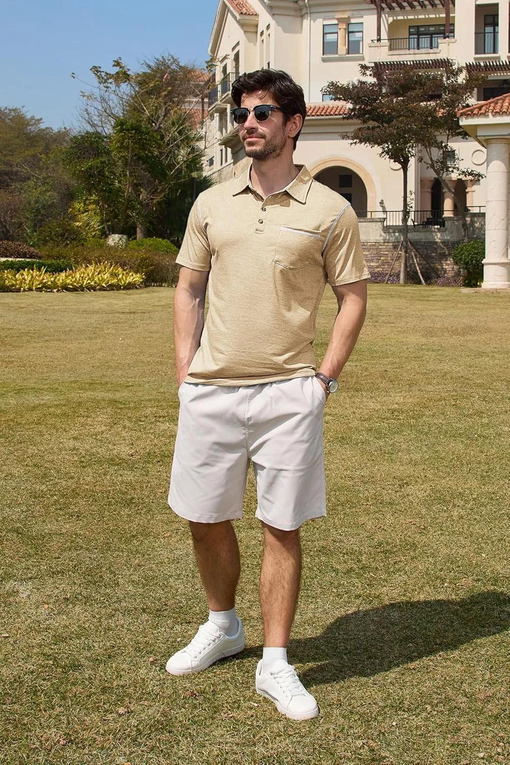 Mens Casual Polo Shirts Classic Short Sleeve Basic Golf Button Shirt with Pocket