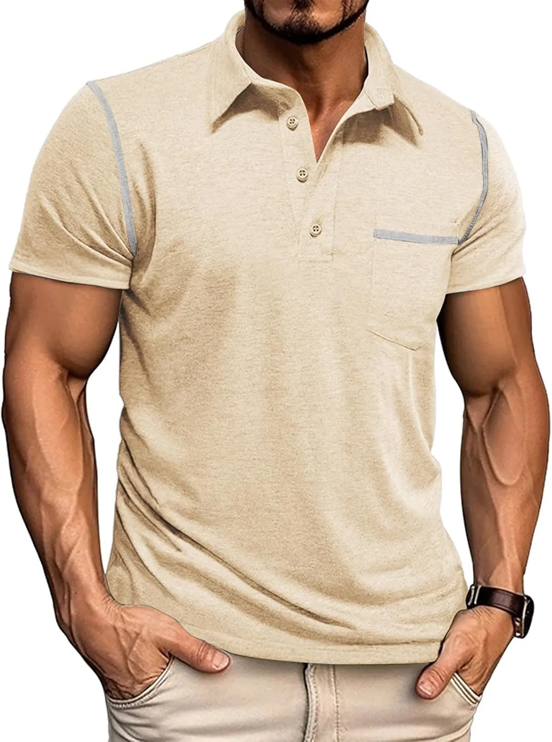 Mens Casual Polo Shirts Classic Short Sleeve Basic Golf Button Shirt with Pocket