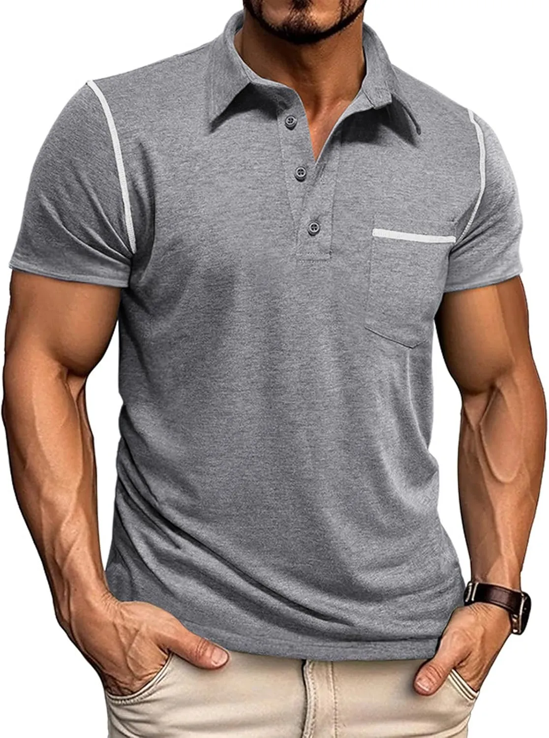 Mens Casual Polo Shirts Classic Short Sleeve Basic Golf Button Shirt with Pocket