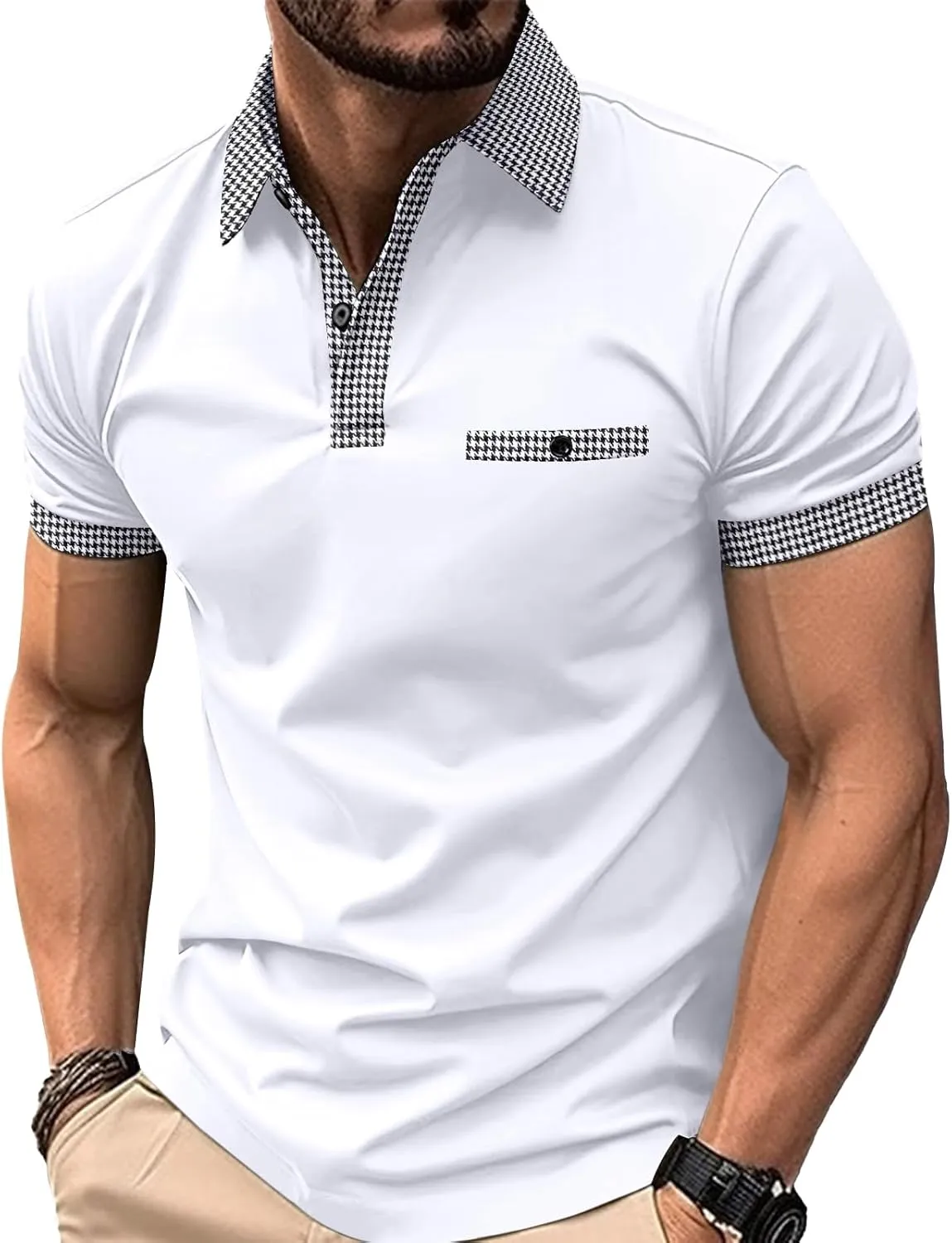 Mens Classic Polo Shirt Casual Short Sleeve Plaid Splice T-Shirts Regular-Fit Business&Golf Polo Shirts