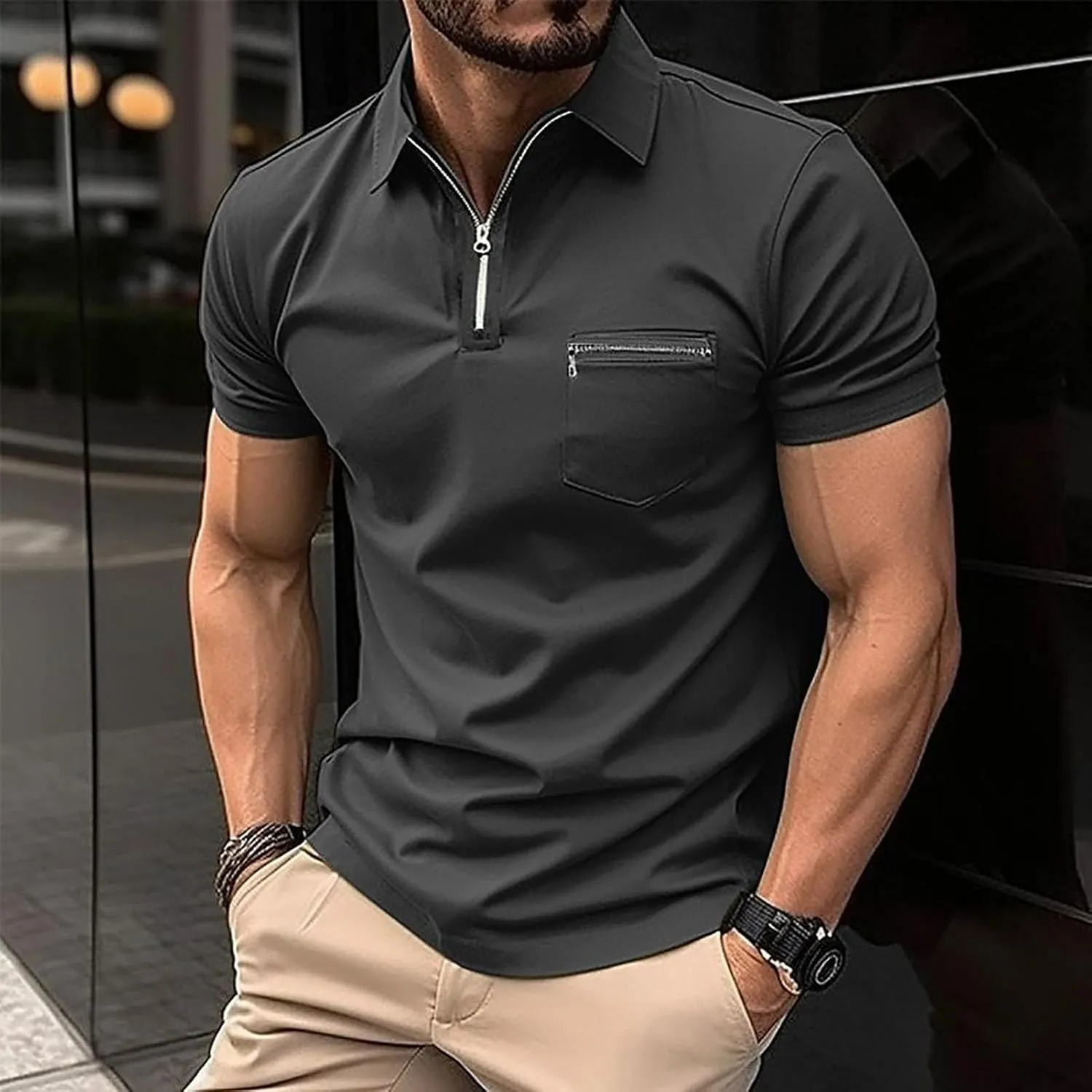 Mens Classic Polo Shirt Casual Short Sleeve Plaid Splice T-Shirts Regular-Fit Business&Golf Polo Shirts